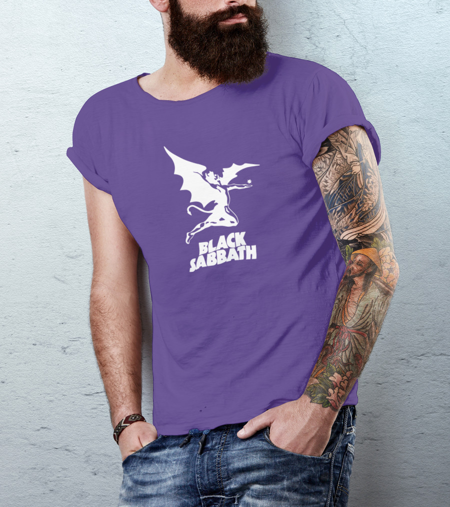 Black Sabbath Flying Devil Logo Purple Background T-Shirt