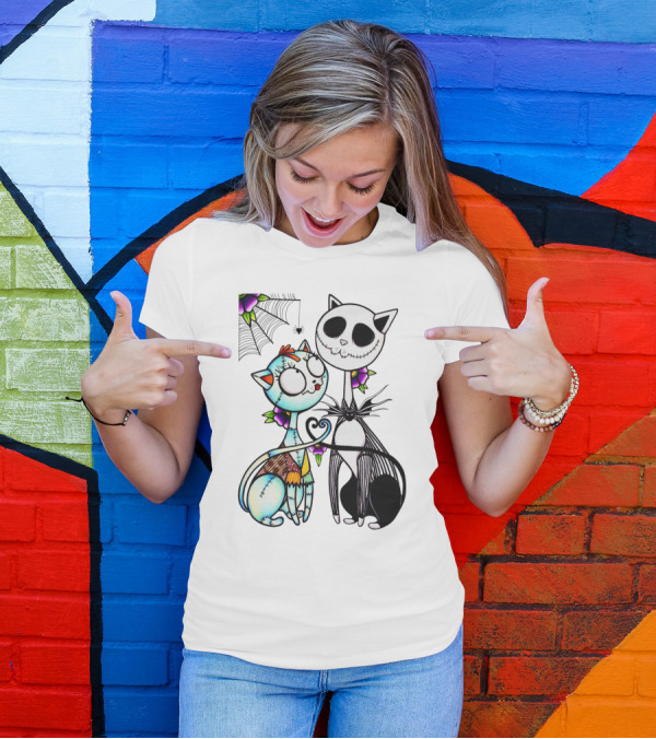 Cat Version Of Jack Skellington And Sally With Spider Web And Flowers T-Shirt