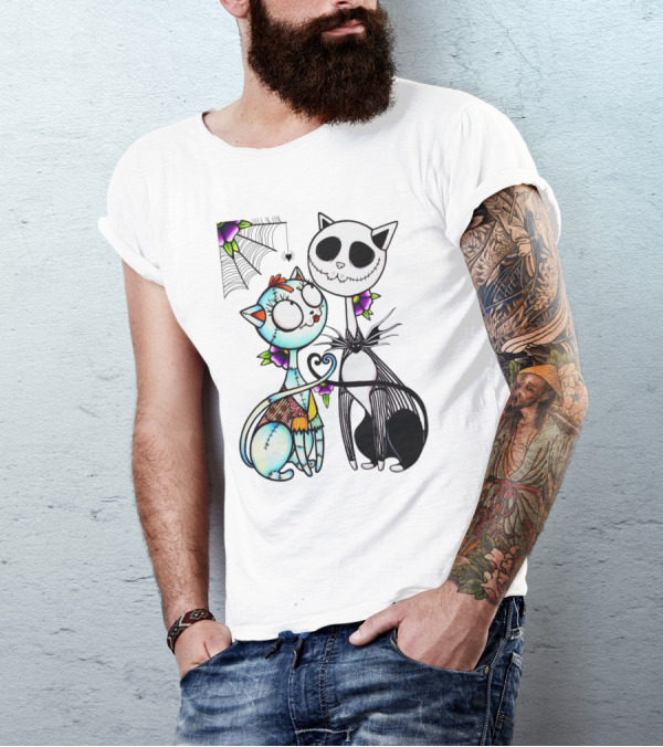Cat Version Of Jack Skellington And Sally With Spider Web And Flowers T-Shirt