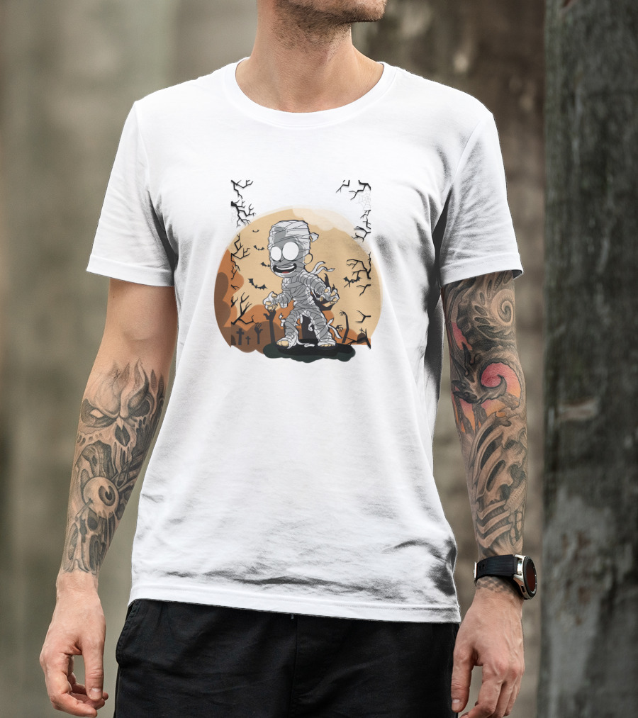 Halloween Zombies Mummy With Moon Tombs And Spooky Trees T-Shirt