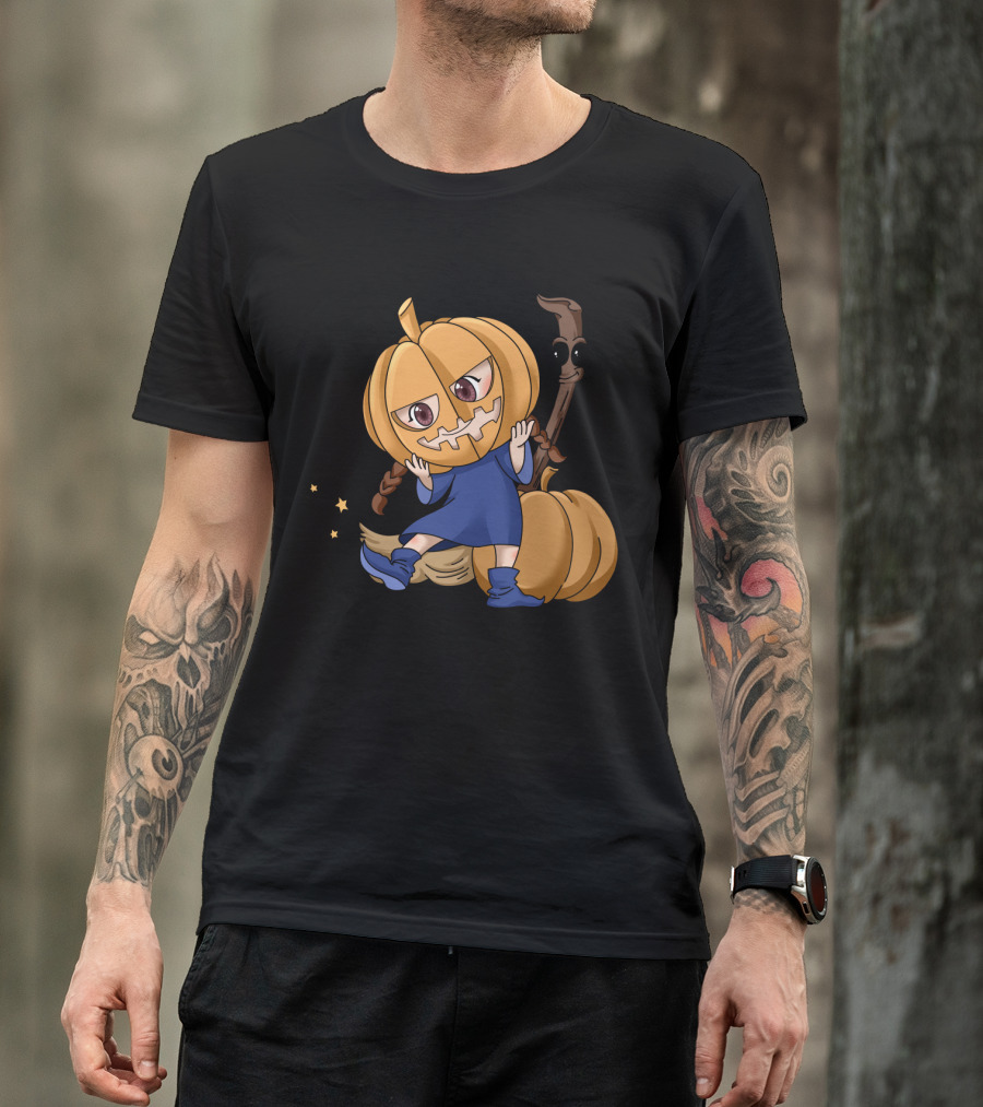Halloween Cartoon Witch Girl With Pumpkin Head And Broomstick In Blue Dress T-Shirt