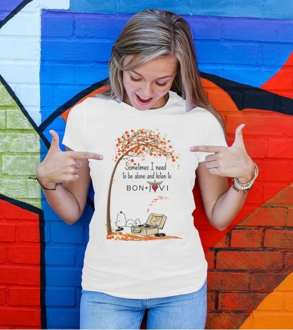 Snoopy Relaxing Under Autumn Tree Listening To Bon Jovi Vinyl Record T-Shirt