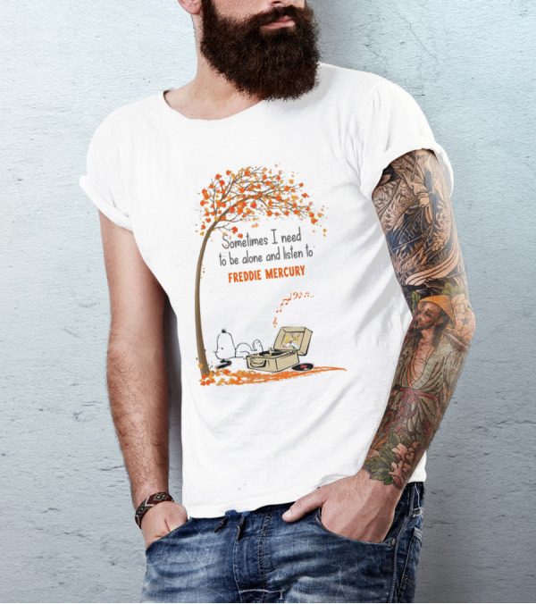 Snoopy Relaxing Under Autumn Tree Listening To Freddie Mercury Alone Vinyl Record Player T-Shirt