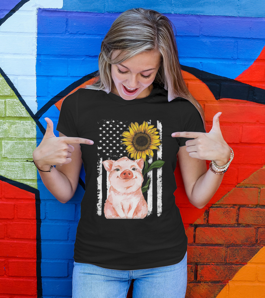 American Flag Sunflower Pig Vintage T-Shirt