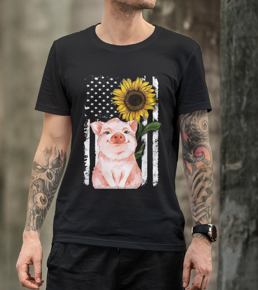 American Flag Sunflower Pig Vintage T-Shirt