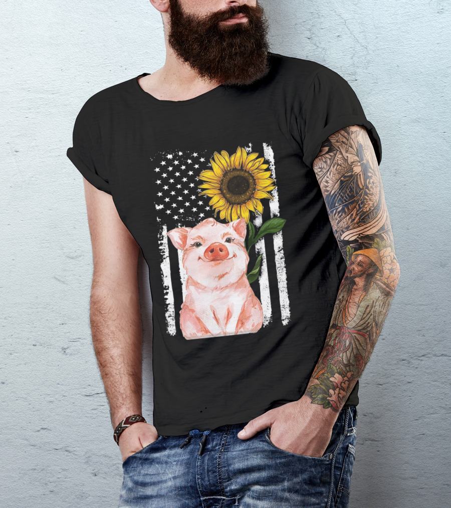 American Flag Sunflower Pig Vintage T-Shirt