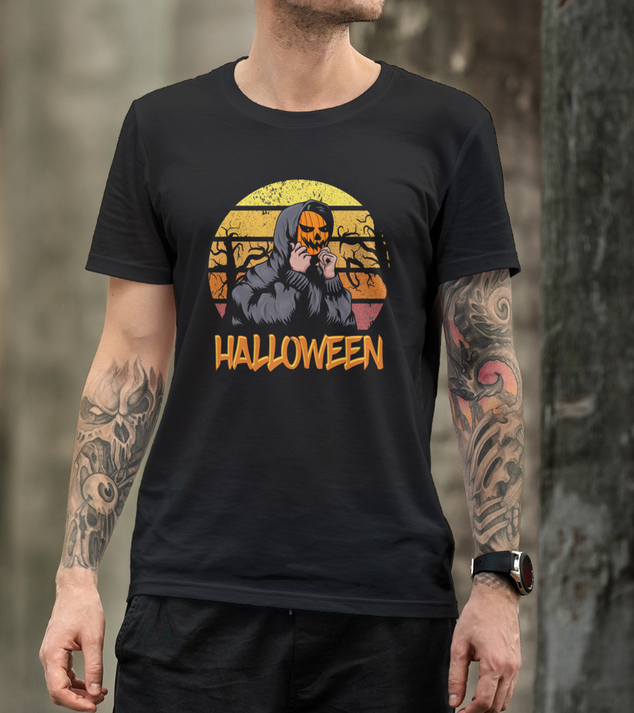 Halloween Hooded Figure With Pumpkin Mask And Sunset Stripes T-Shirt