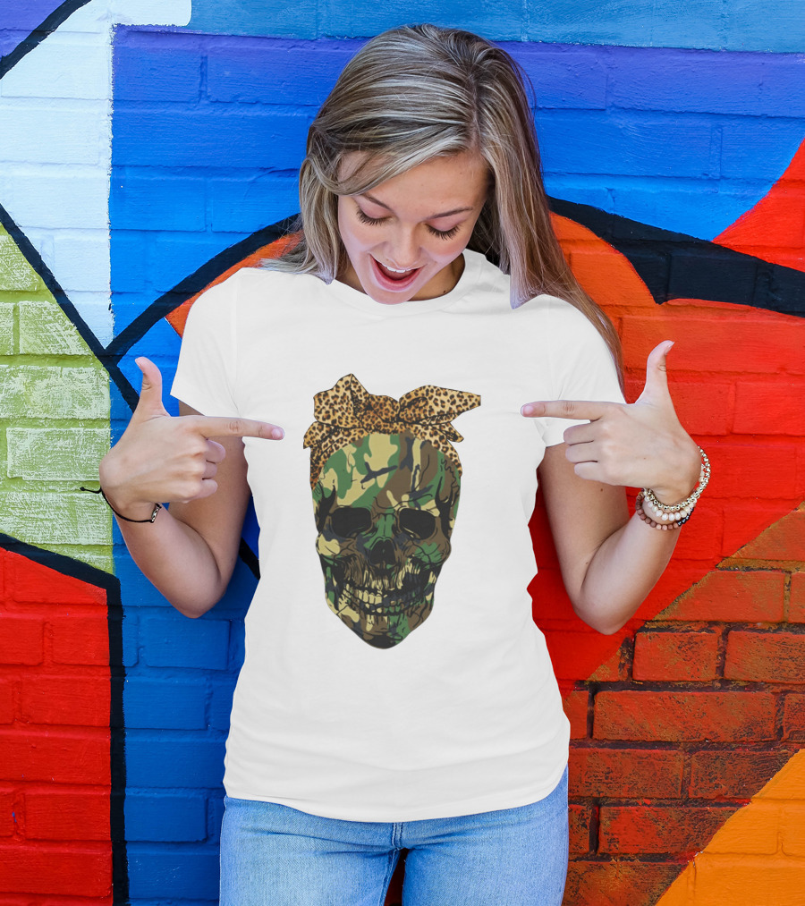 Camo Skull With Leopard Print Bow T-Shirt