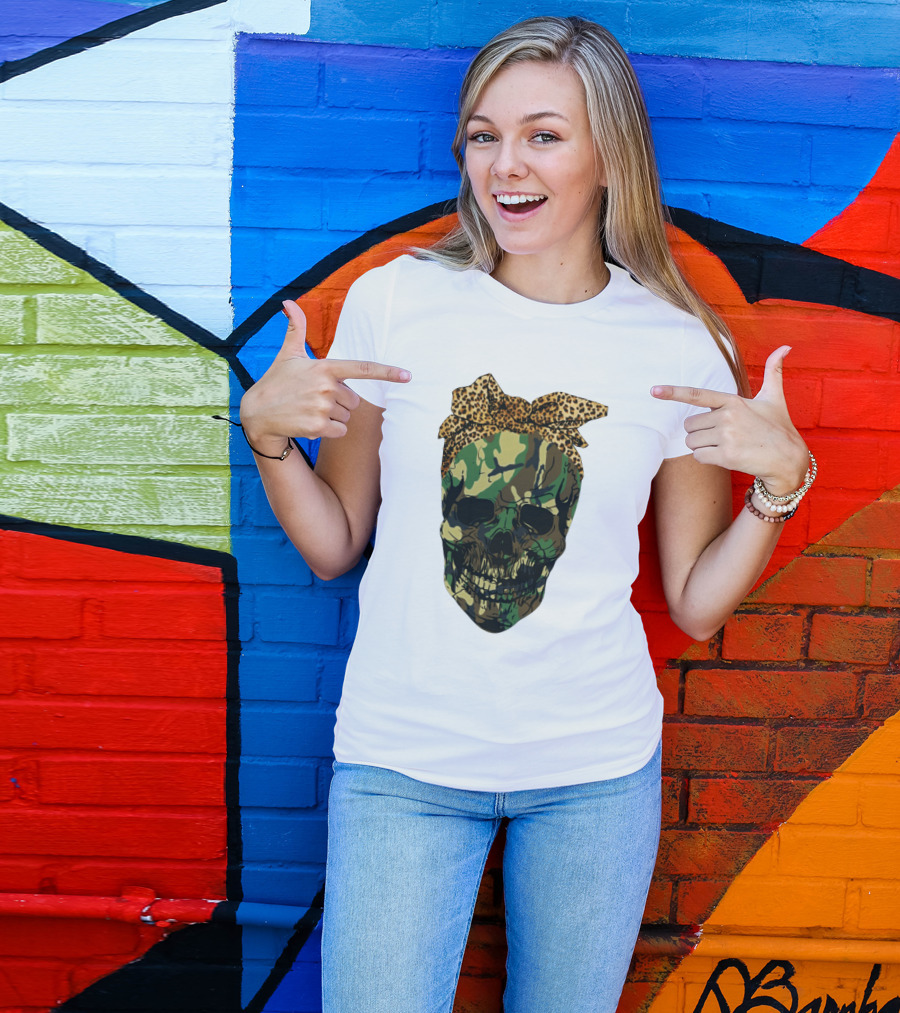 Camo Skull With Leopard Print Bow T-Shirt