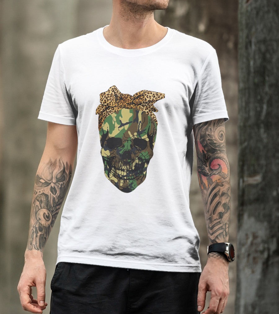 Camo Skull With Leopard Print Bow T-Shirt