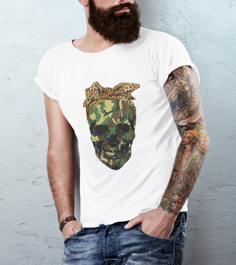 Camo Skull With Leopard Print Bow T-Shirt
