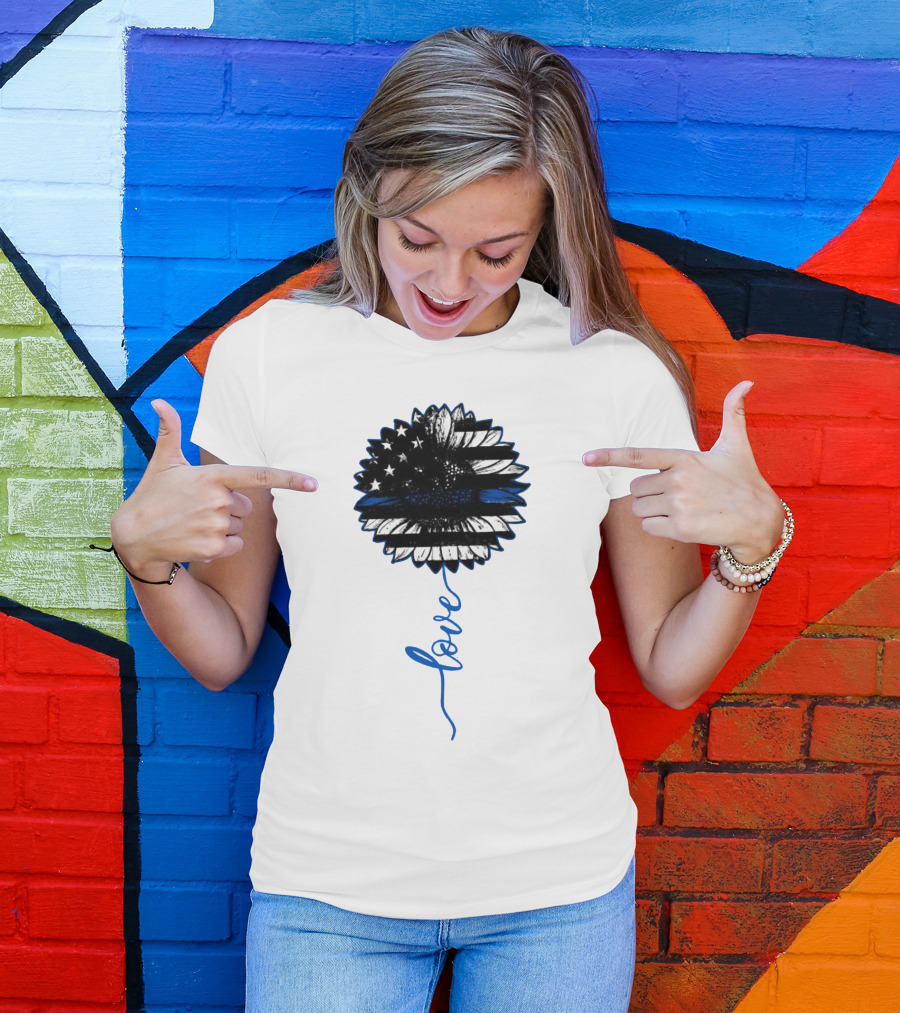American Flag Sunflower Thin Blue Line Love T-Shirt