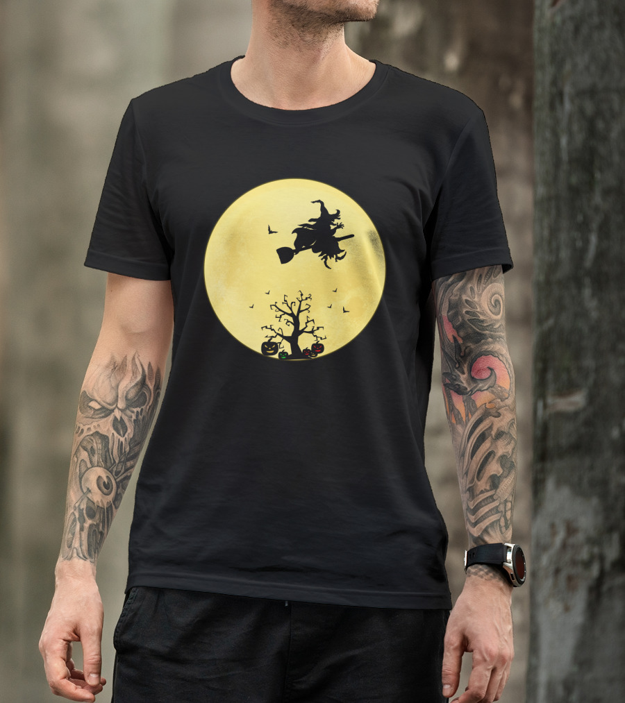 Halloween Witch Flying On Broomstick Over Full Moon With Jack-O'-Lanterns T-Shirt