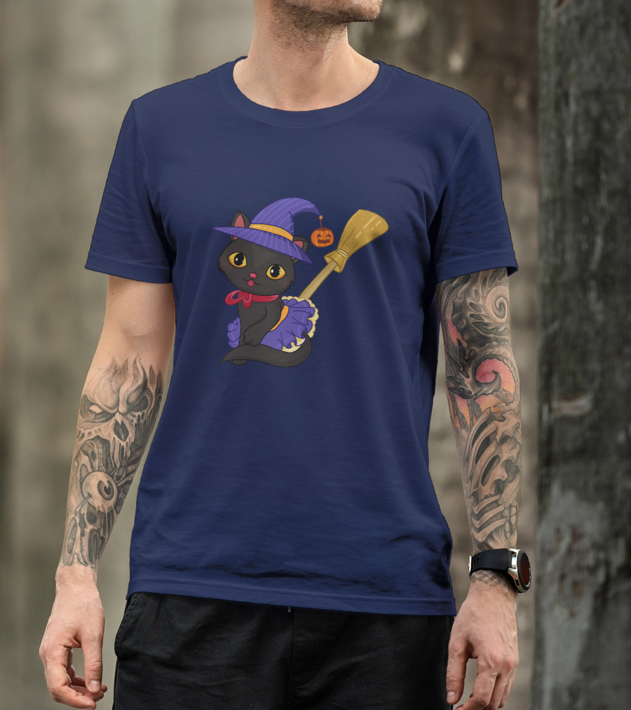 Halloween Black Cat In Witch Hat With Broom And Pumpkin Charm T-Shirt
