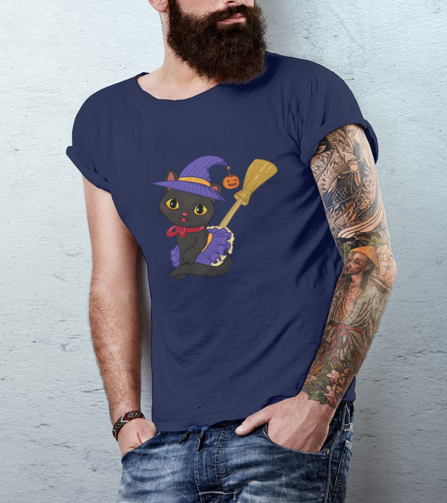 Halloween Black Cat In Witch Hat With Broom And Pumpkin Charm T-Shirt