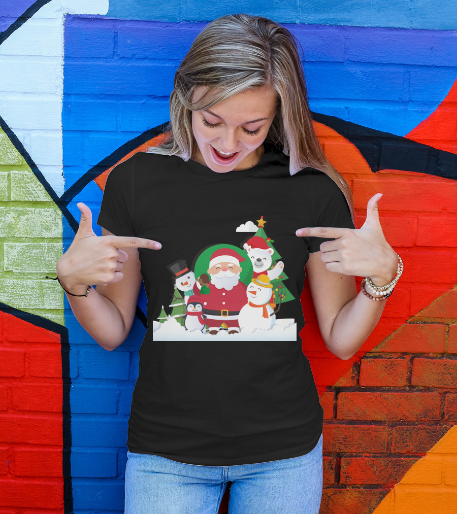 Christmas With Santa Claus Snowman Penguin Polar Bear Festive Scene T-Shirt