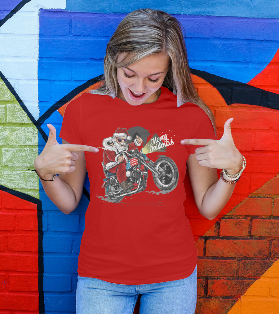 Merry Christmas Santa Claus Motorcycle USA America T-Shirt