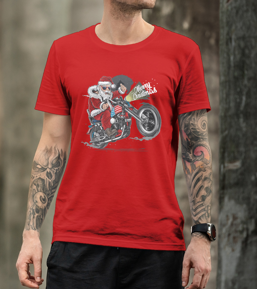 Merry Christmas Santa Claus Motorcycle USA America T-Shirt