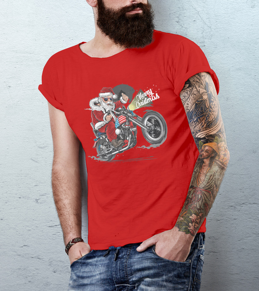 Merry Christmas Santa Claus Motorcycle USA America T-Shirt