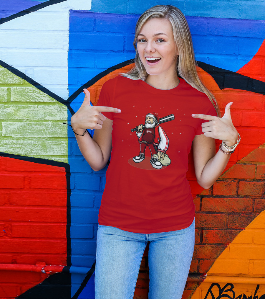 Santa Ho Ho Gangster Style With Baseball Bat And Bag T-Shirt