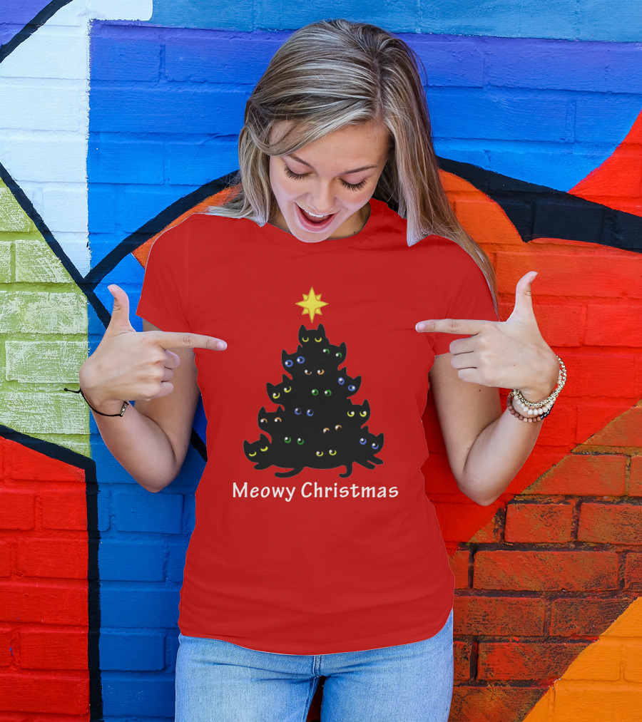 Meowy Christmas Black Cat Tree T-Shirt