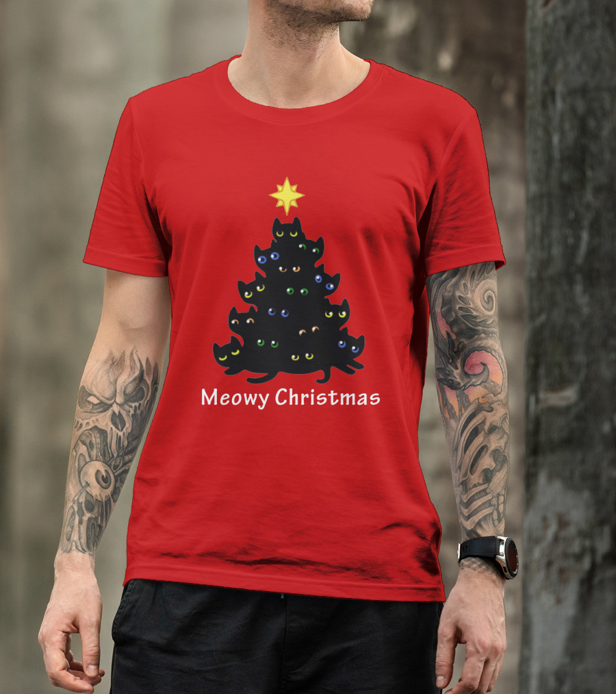 Meowy Christmas Black Cat Tree T-Shirt