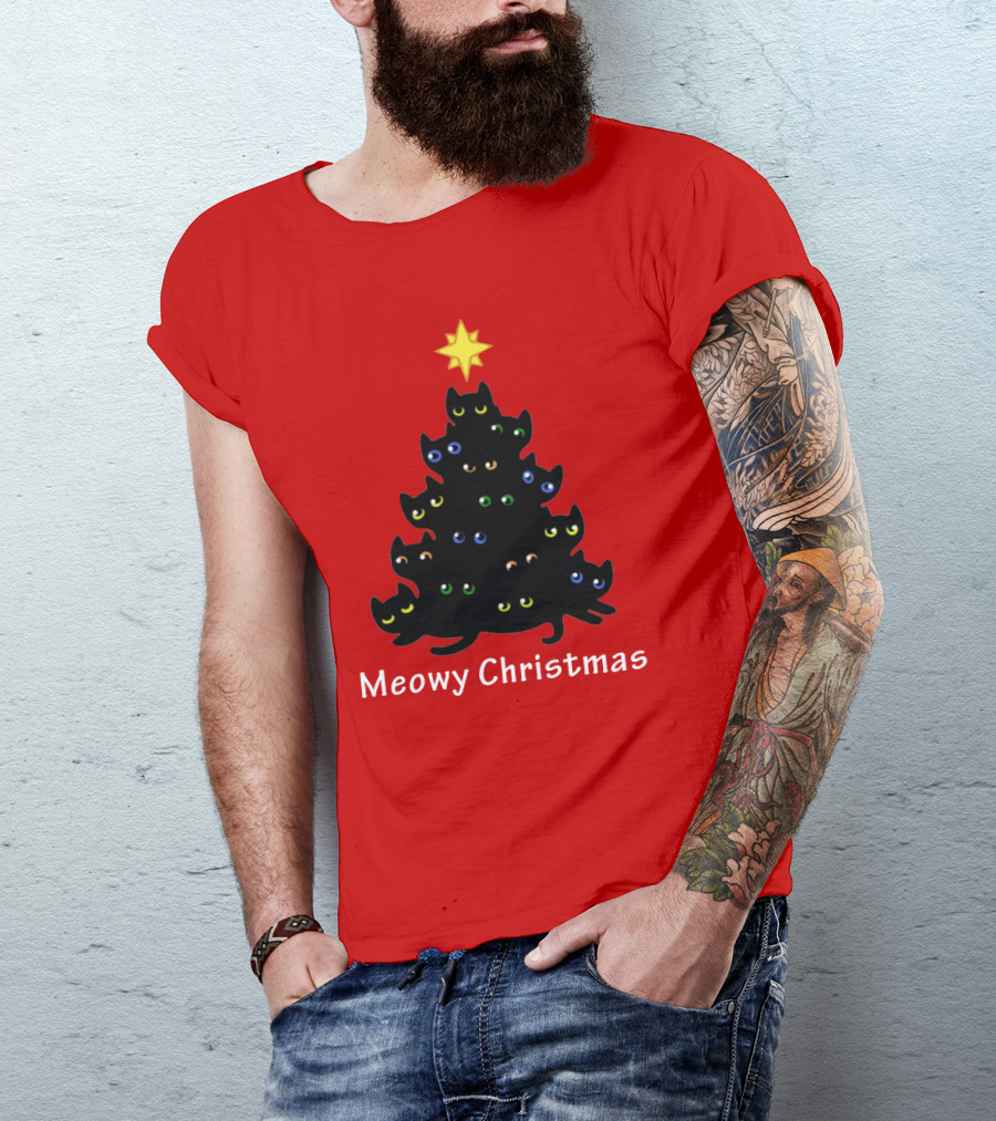 Meowy Christmas Black Cat Tree T-Shirt