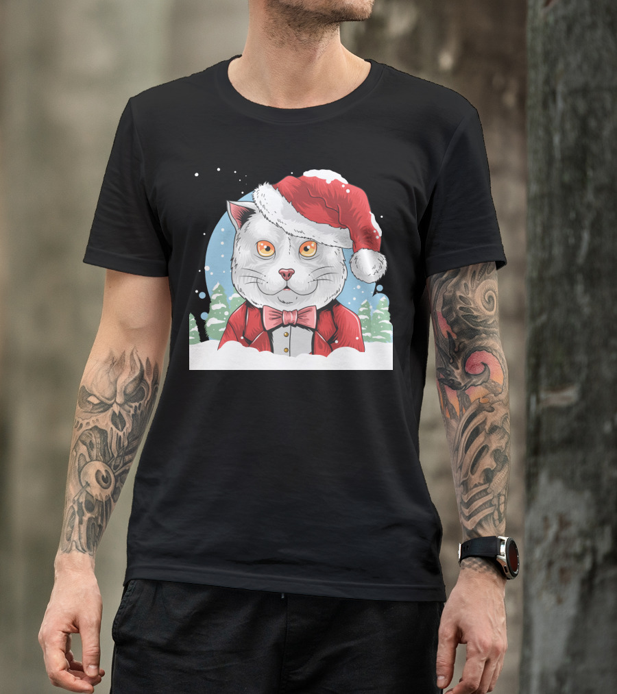 Santa Claus Cat In Winter Wonderland Christmas Scene T-Shirt