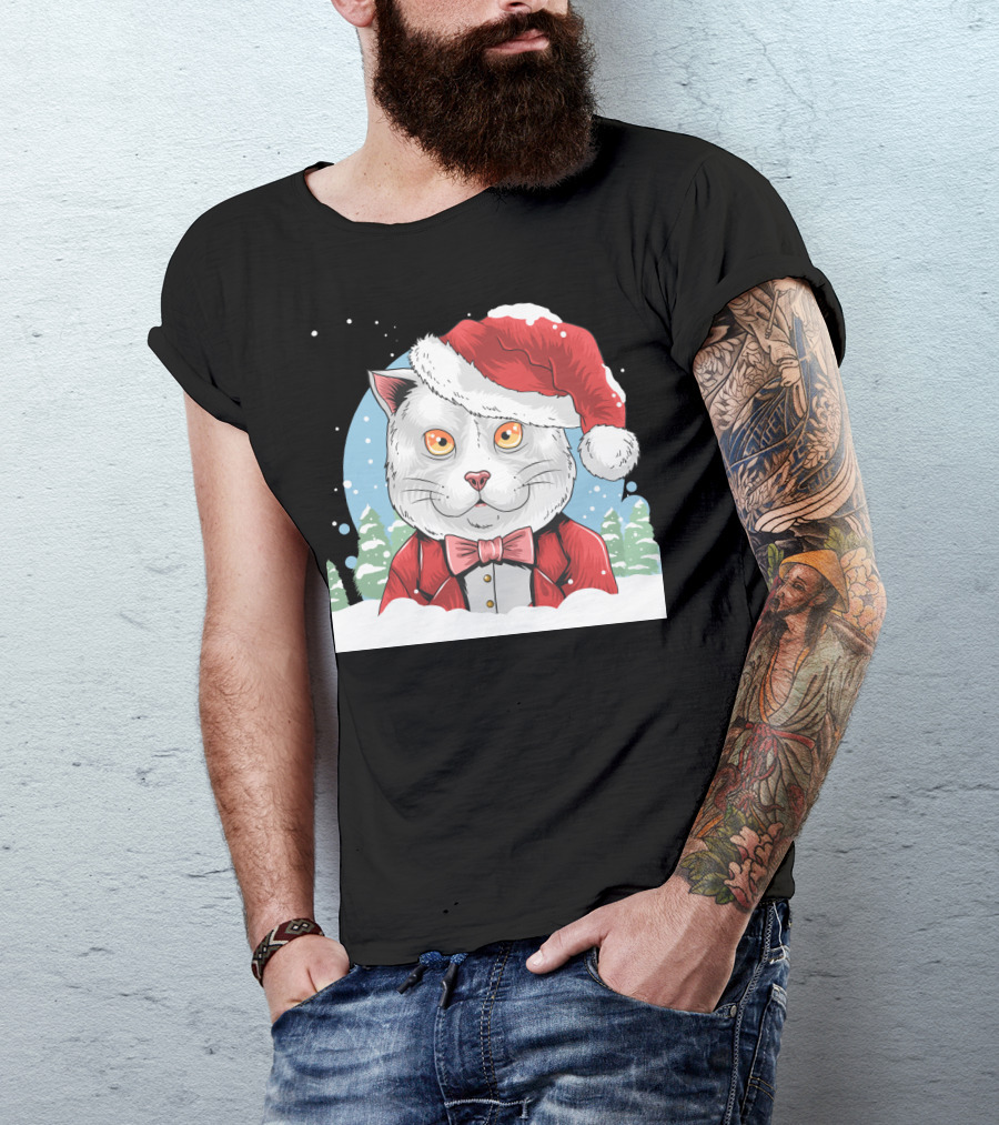 Santa Claus Cat In Winter Wonderland Christmas Scene T-Shirt