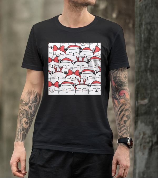 Cute Cat Christmas Santa Hats And Red Bows T-Shirt