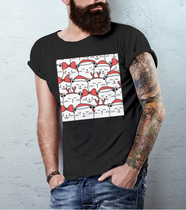 Cute Cat Christmas Santa Hats And Red Bows T-Shirt