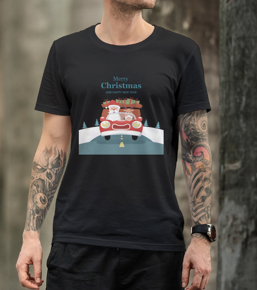 Merry Christmas And Happy New Year Reindeer Drives Car With Santa Claus T-Shirt