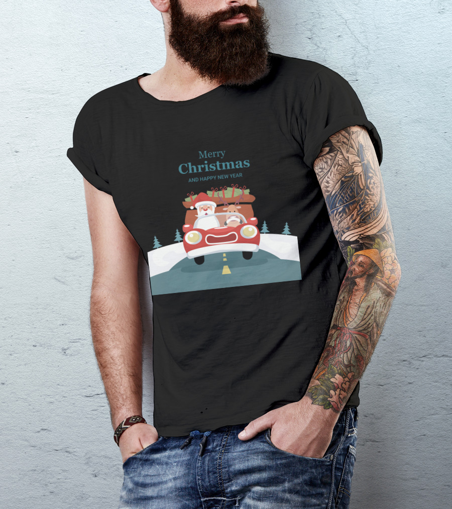 Merry Christmas And Happy New Year Reindeer Drives Car With Santa Claus T-Shirt