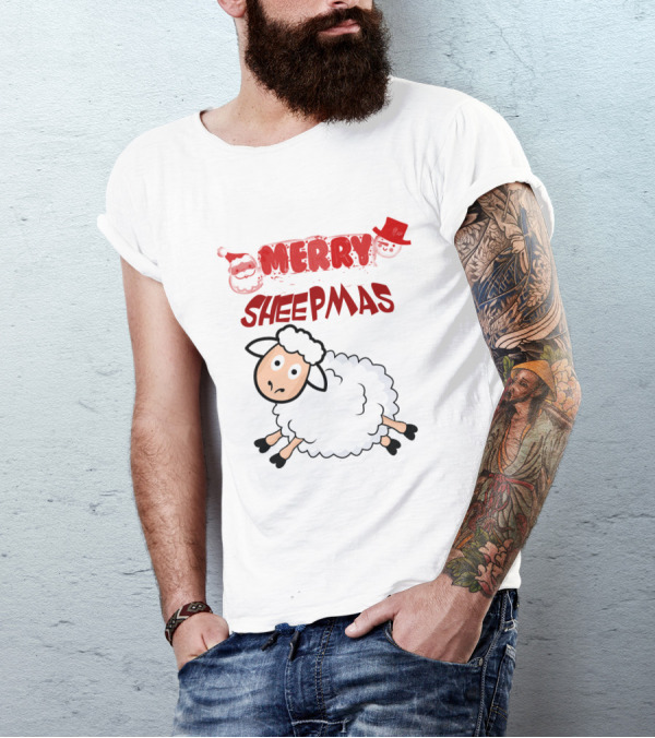 Merry Sheepmas Funny Christmas Santa Sheep With Snowman Hat T-Shirt