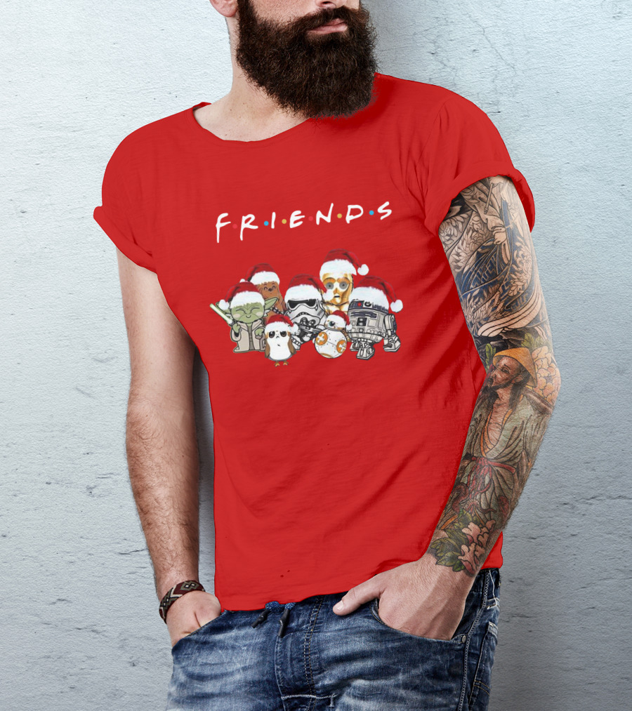 Star Wars Characters Yoda Chewbacca Porgs Stormtrooper R2 D2 C 3PO BB 8 Friends TV Show Christmas Santa Hats T-Shirt