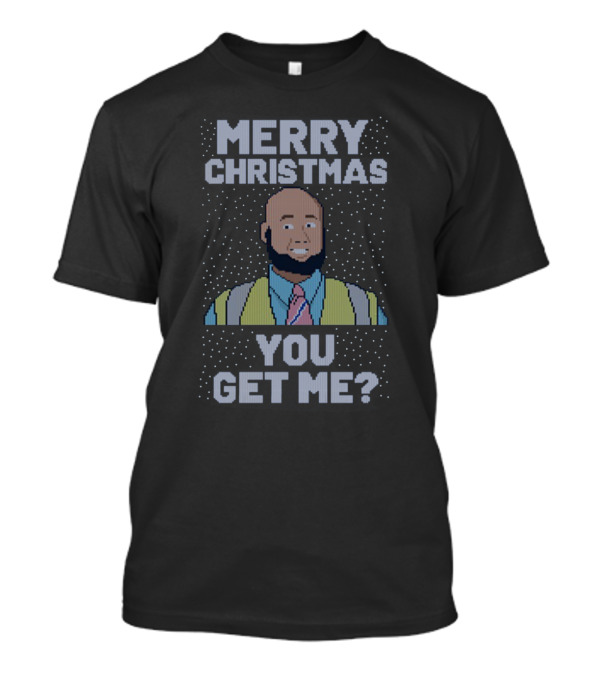 Merry Christmas You Get Me Bald Bearded Man In Tie And V-Neck Sweater Pixel T-Shirt