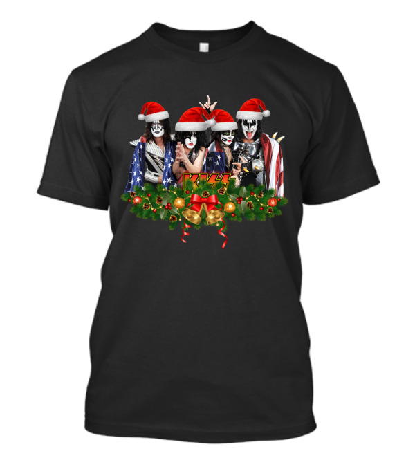 Kiss Band Christmas Santa Hats And Festive Wreath T-Shirt