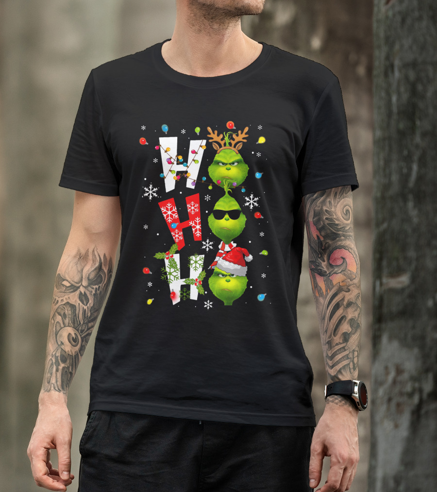 Ho Ho Ho Grinch Christmas Lights Antlers Hat Sunglasses Snowflakes T-Shirt