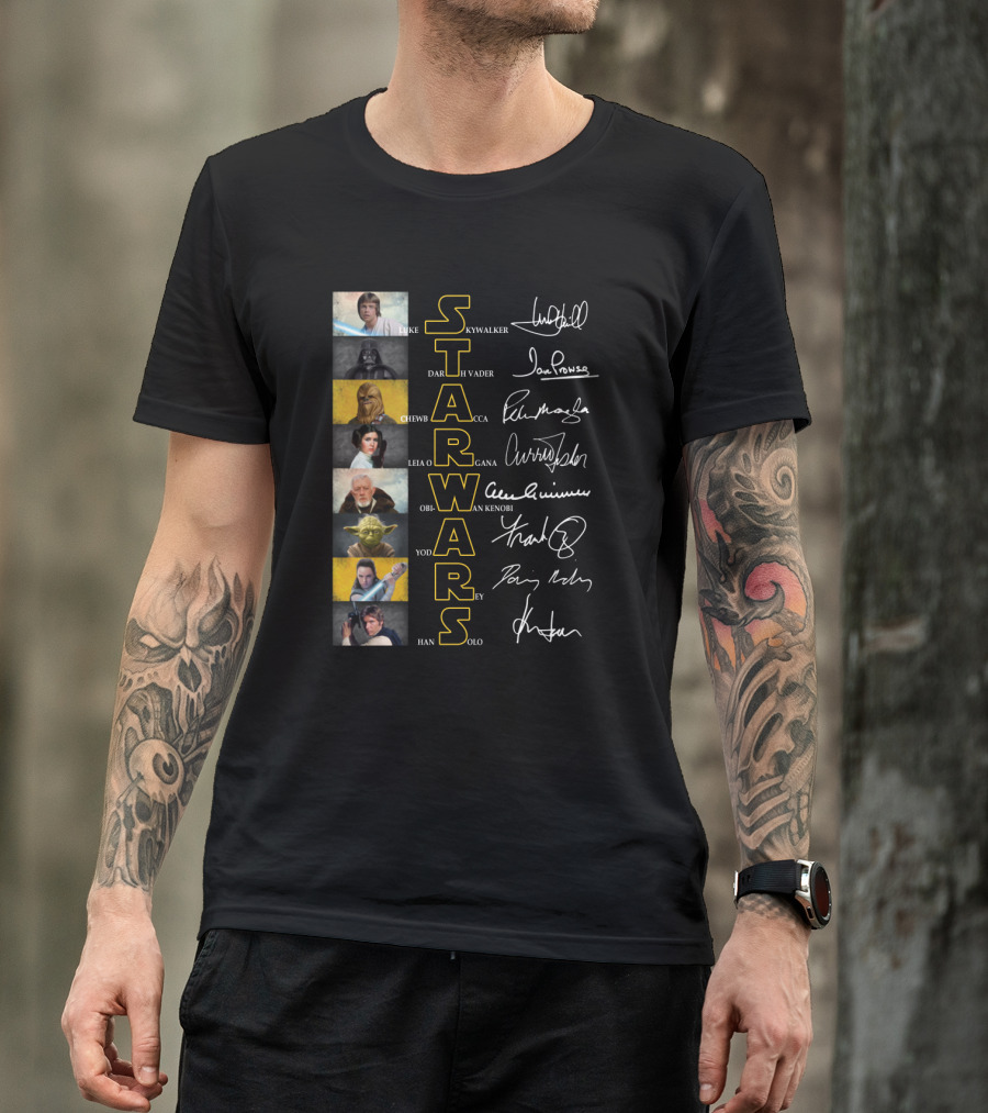 Luke Skywalker Darth Vader Chewbacca Leia Organa Obi-Wan Kenobi Yoda Rey Han Solo Star Wars Signatures T-Shirt