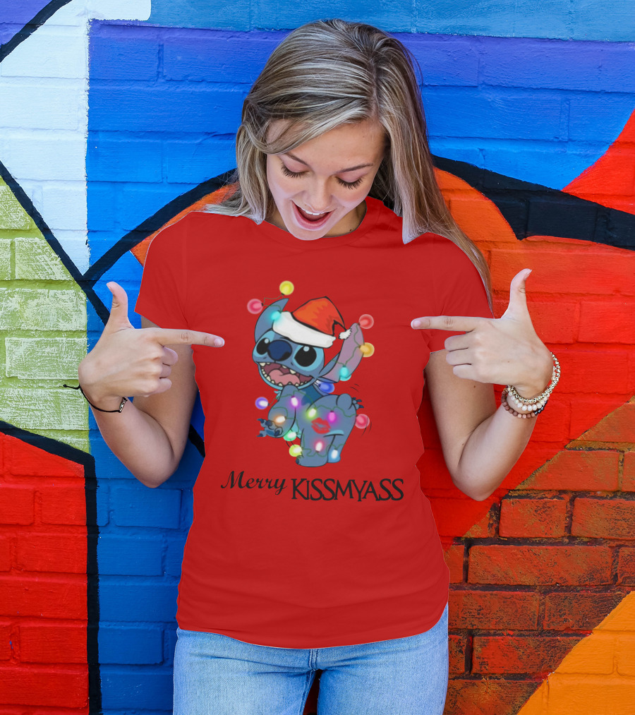 Merry Kissmyass Christmas Stitch Santa Hat Lights T-Shirt