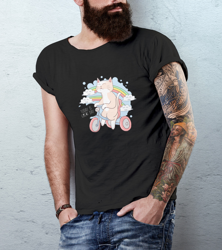 Cat On Bicycle With Rainbow Clouds And Positive Message Today Is Great Day T-Shirt