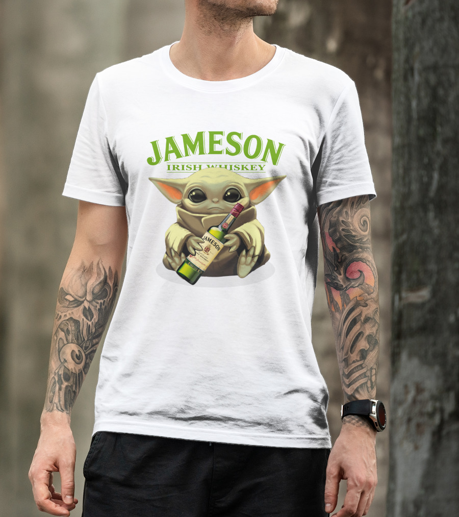 Jameson Irish Whiskey Baby Yoda Holding Whiskey Bottle T-Shirt