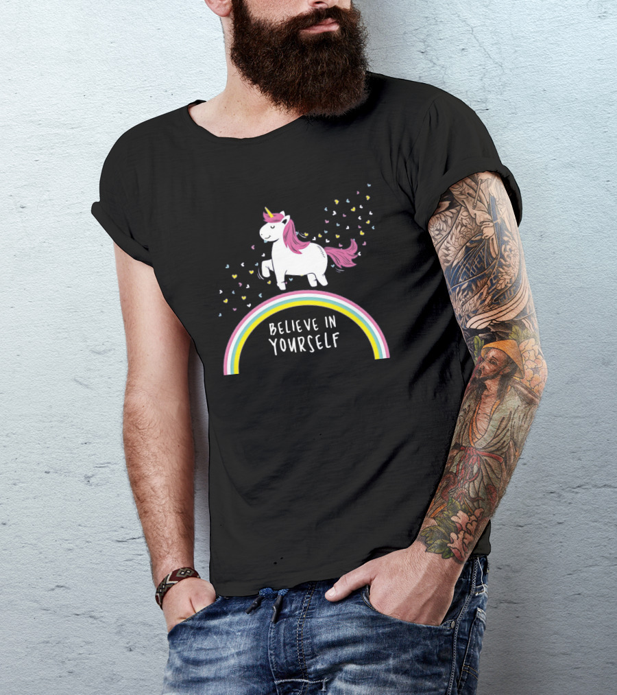 Believe In Yourself Cute Unicorn Rainbow Hearts T-Shirt