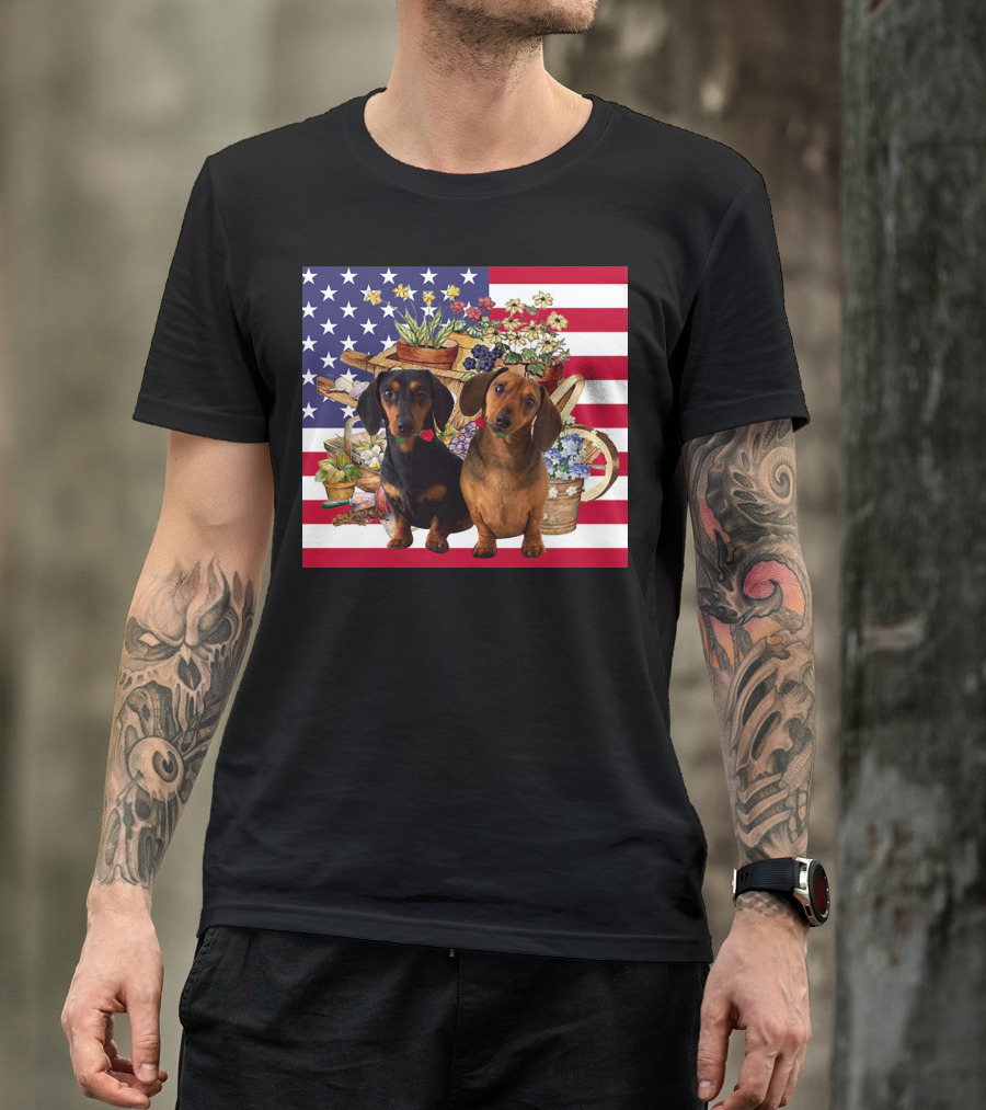 Daschund Flower Garden American Flag Backdrop Face Mask T-Shirt