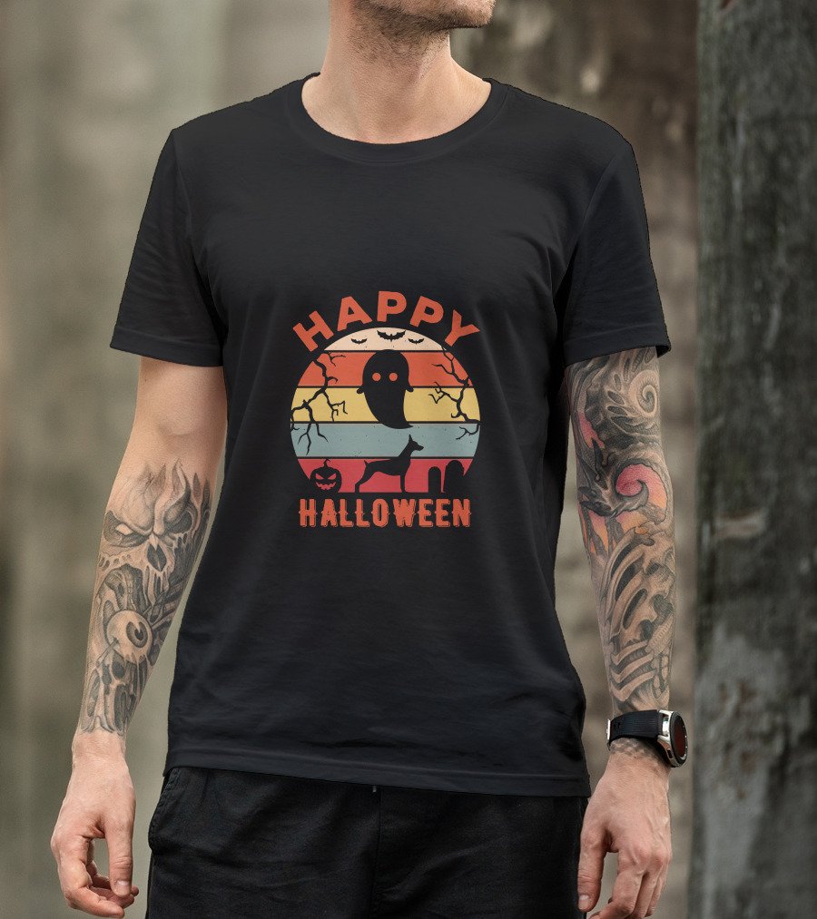 Happy Halloween Ghost Doberman Pumpkin Stripes T-Shirt
