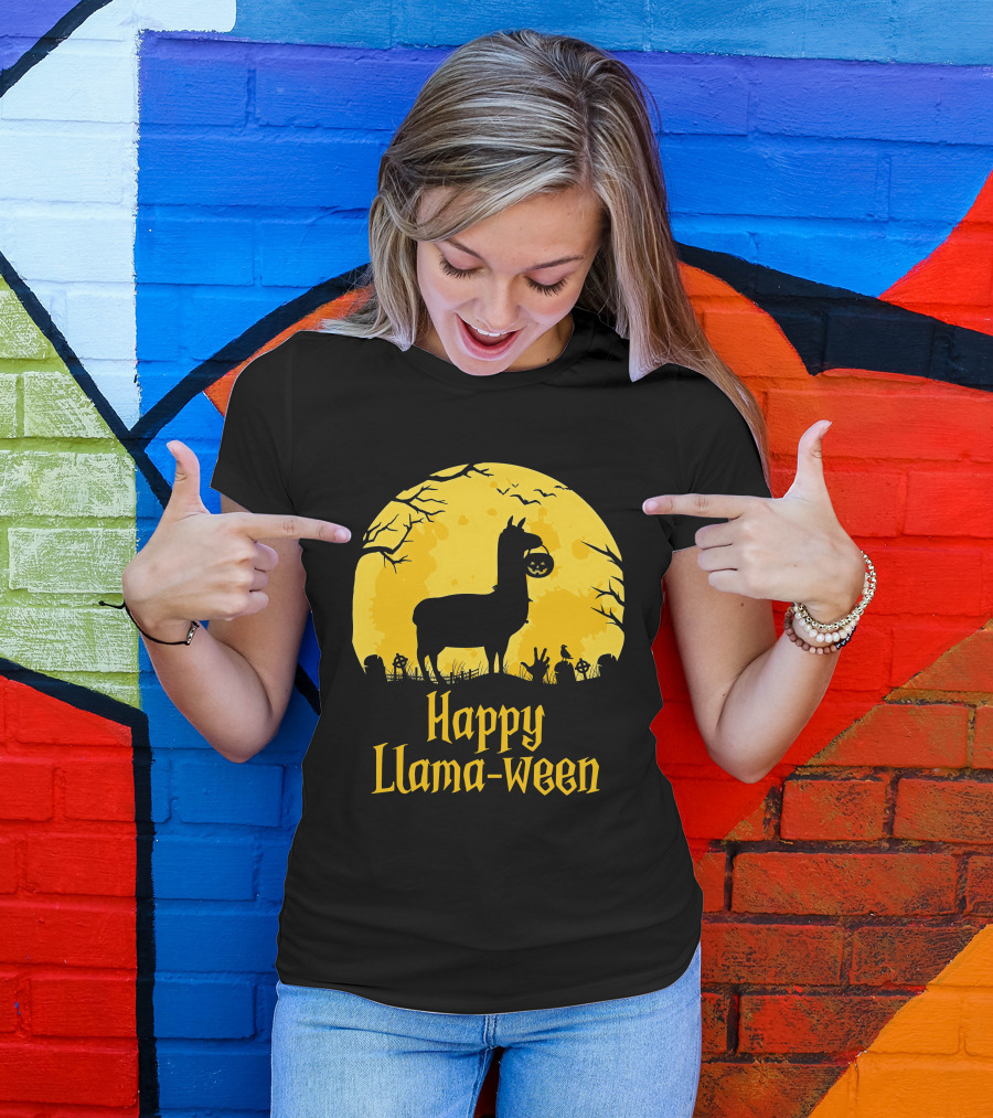 Happy Llamaween Llama Holding Pumpkin Silhouette In Spooky Halloween Scene T-Shirt