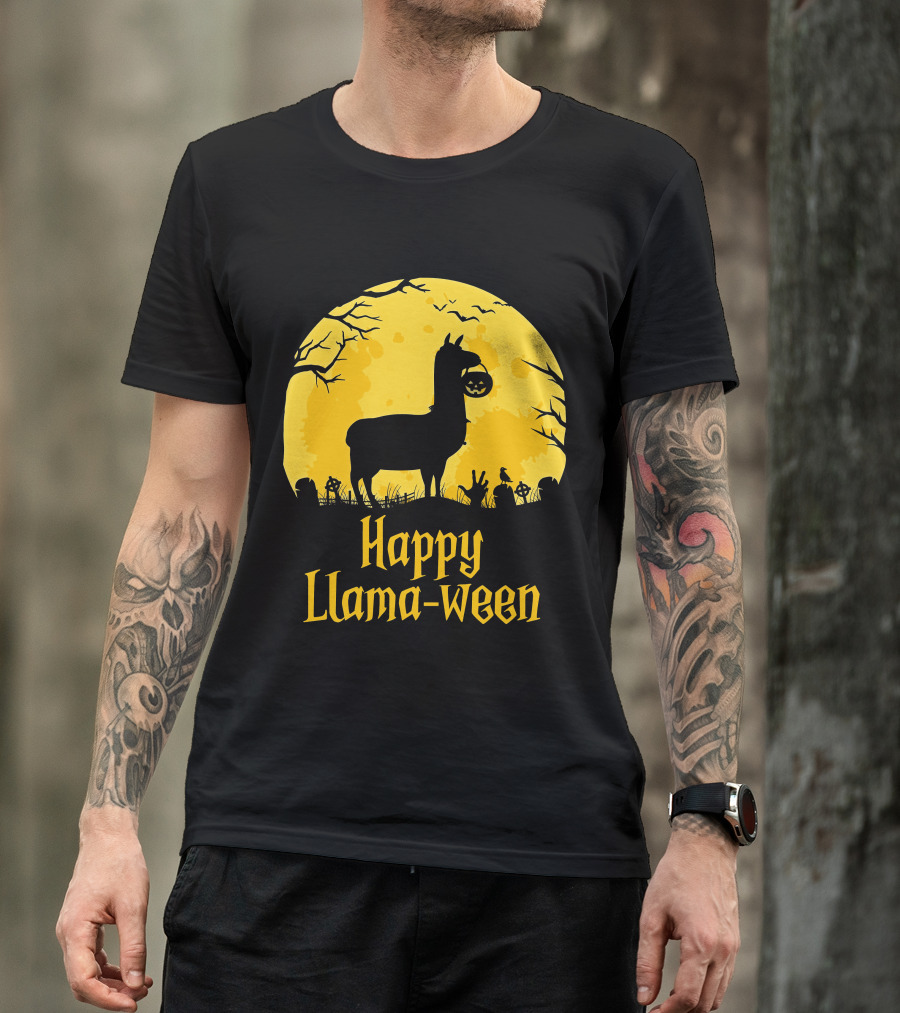 Happy Llamaween Llama Holding Pumpkin Silhouette In Spooky Halloween Scene T-Shirt