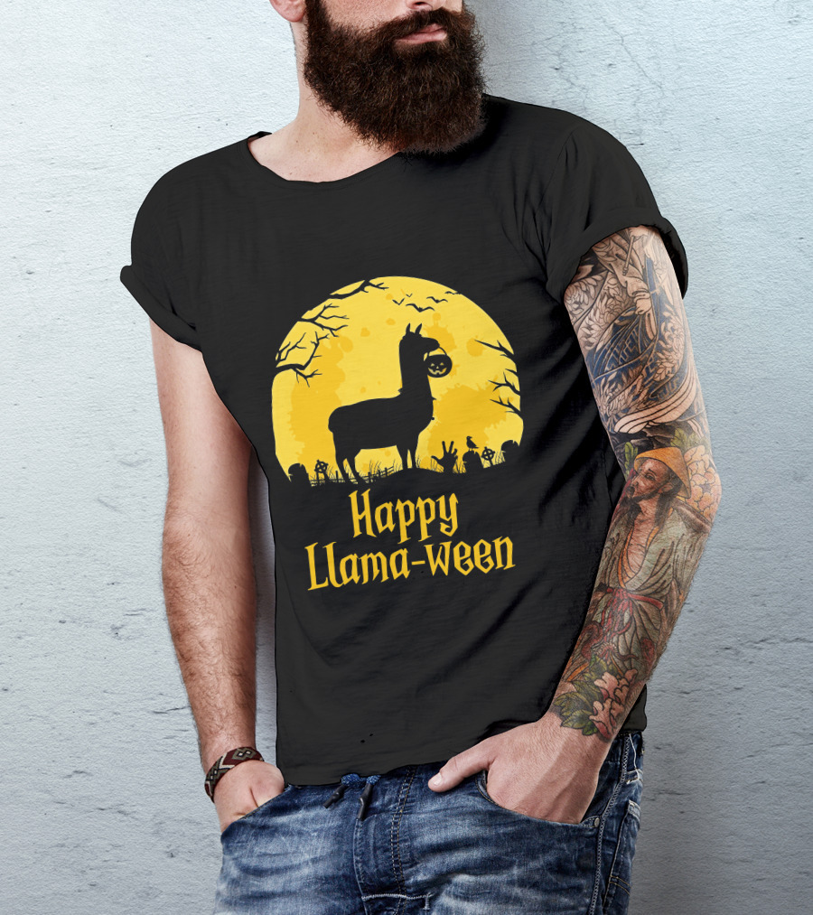 Happy Llamaween Llama Holding Pumpkin Silhouette In Spooky Halloween Scene T-Shirt