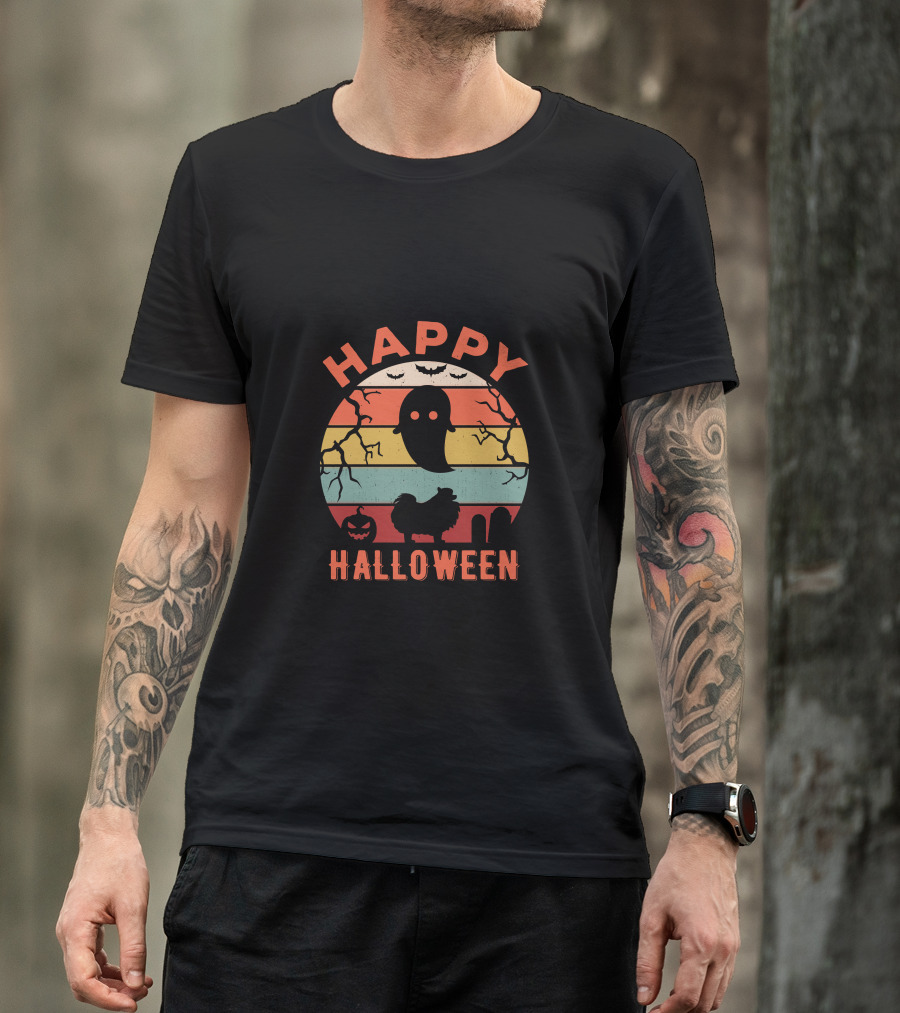 Happy Halloween Pomeranian Ghost And Bats Retro Stripe Moon T-Shirt