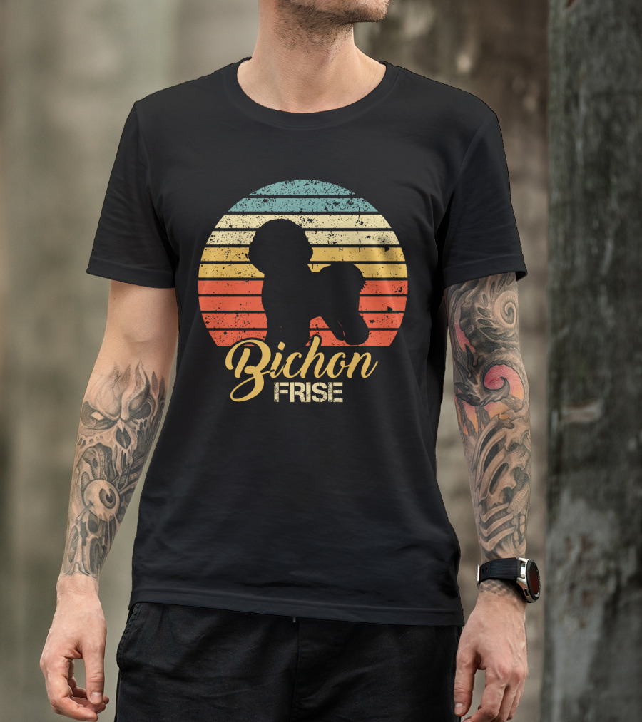 Retro Sunset Silhouette Bichon Frise Stripes T-Shirt